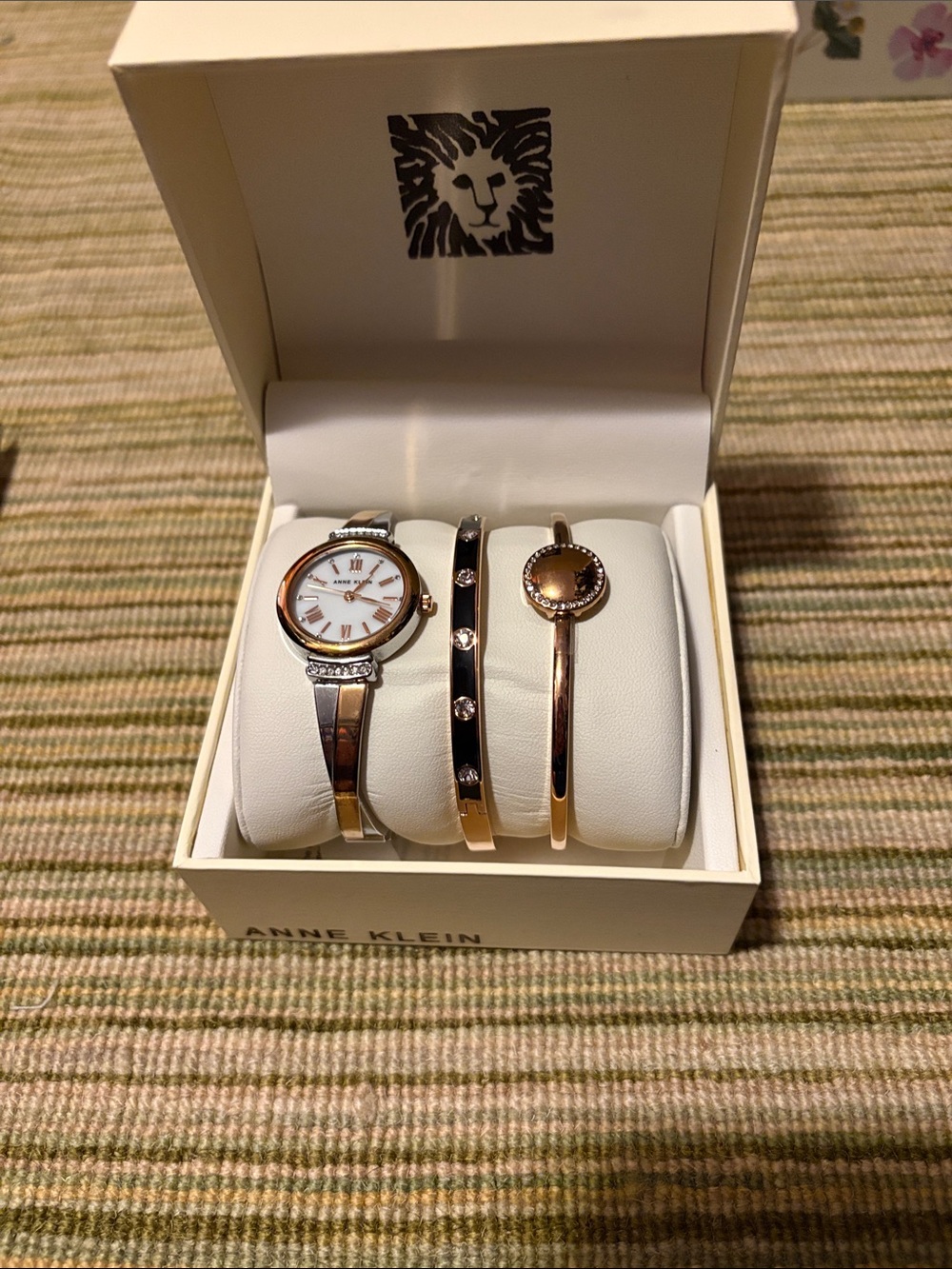 Anne Klein Rose Gold and Black Bracelet Set with Crystal Accents